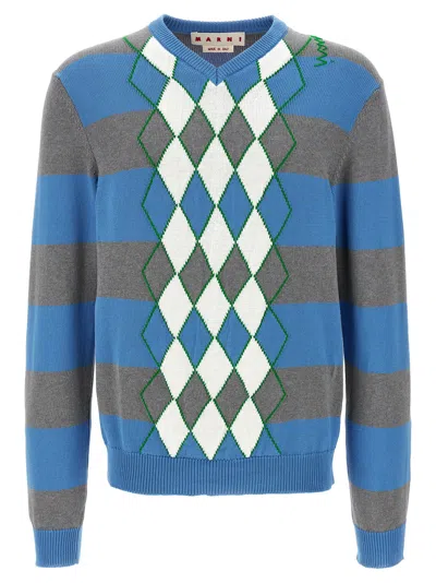 Marni V-neck Argyle Pattern Sweater In Blue