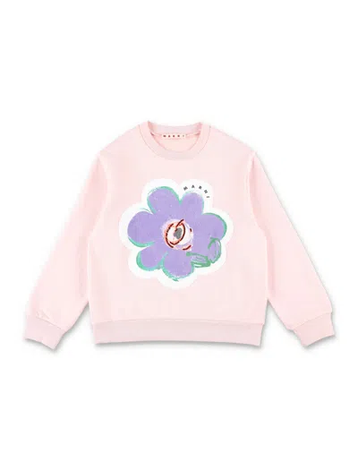 Marni Artistic Floral Graphic Long Sleeve Mini T-shirt For Girls In Pink