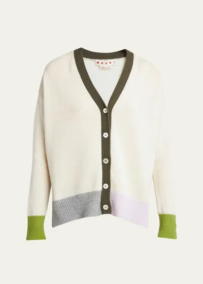 Marni Asymmetrical Length Cashmere Knit Cardigan In White