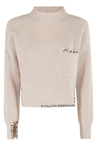 Marni Asymmetrical Turtleneck Sweater With Ribbed Texture In Neutral