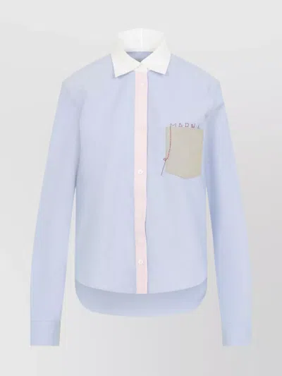 Marni Sapphire Blue Cotton Baby Shirt With Embroidered Front Pocket