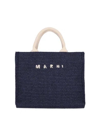 Marni Blue Raffia-effect Small Tote Bag In Black