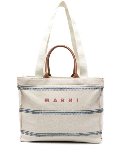 Marni Embroidered-logo Canvas Tote Bag In White