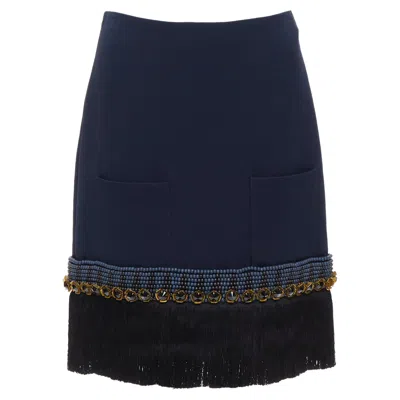 Marni Bead Crystal Fringe Embellished Hem Knee Skirt In Blue