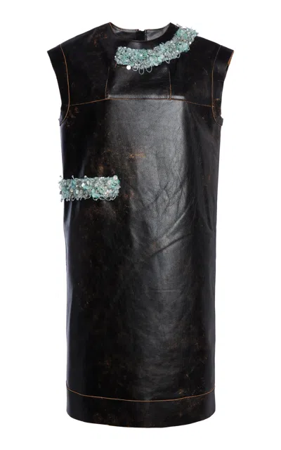 Marni Bead-embellished Leather Midi Dress In Brown