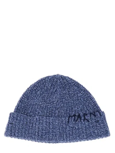 Marni Beanie Hat With " Mending" Embroidery In Blue