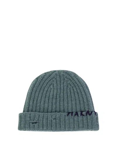 Marni Beanie With Embroidered Logo In Blue