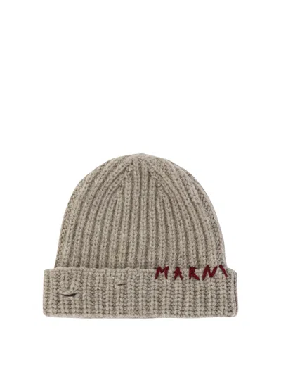 Marni Beanie With Embroidered Logo Hats Beige In Brown