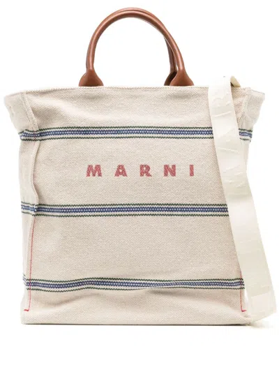 MARNI BEIGE COTTON BLEND CANVAS TOTE HANDBAG FOR MEN