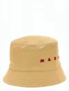 Marni Beige Cotton Bucket Hat With Embroidered Detailing In Brown