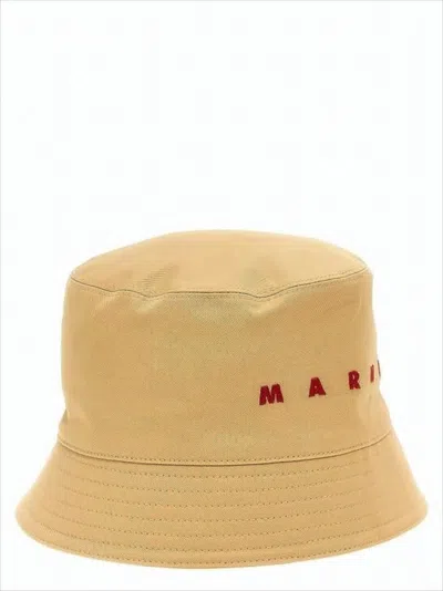 MARNI BEIGE COTTON BUCKET HAT WITH EMBROIDERED DETAILING