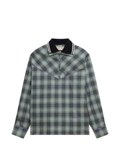Marni Beige E Light Brown Checked Poplin Shirt With Contrast Piping In Green