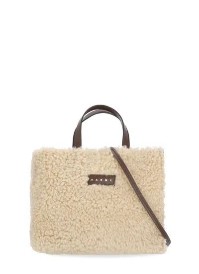 Marni Beige Fur-front Gold Logo Leather Shoulder Bag In Brown