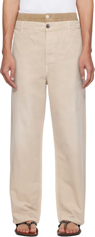 Marni Beige Layered Waistband Trousers In Brown