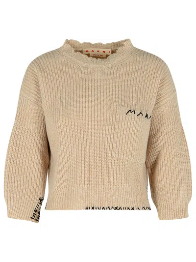 Marni Beige Mouliné Virgin Wool Sweater With ' Mending' Embroidery