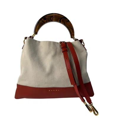 Pre-owned Marni Beige Orange Red Color Canvas Leather Handbag Shoulder Bag () In Beige, Orange, Red Color