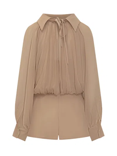 Marni Beige Solid Shirt Collar Jumpsuit