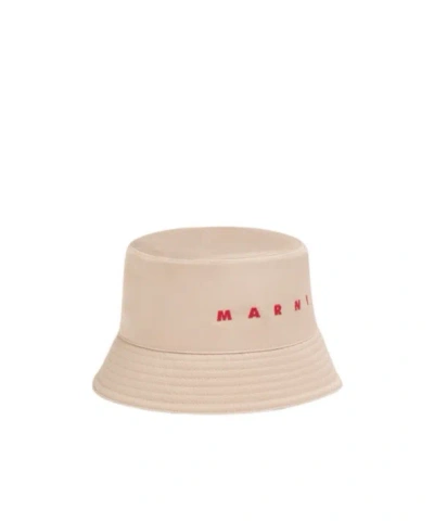 Marni Beige Water-repellent Gabardine Bucket Hat With Embroidered Logo In Neutral