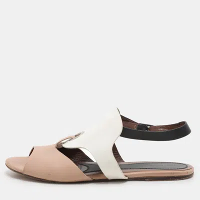 Marni Beige/white Leather Slingback Flat Sandals In Neutral