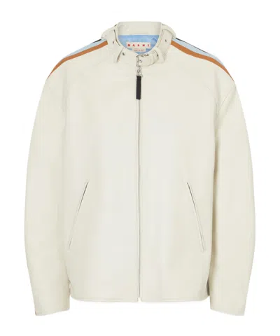 Marni Belted Striped Leather Jacket In White