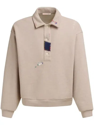 Marni Long Sleeved Cotton Polo Sweatshirt In Light Brown