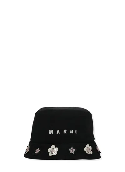 Marni Black Bucket Hat With Contrasting Logo And Embossed Floral Details