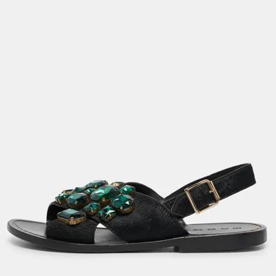 Marni Black Calf Hair Embellished Flat Slingback Sandals