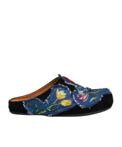 MARNI BLACK CORDUROY FUSSBETT SABOT WITH DENIM APPLIQUÉS