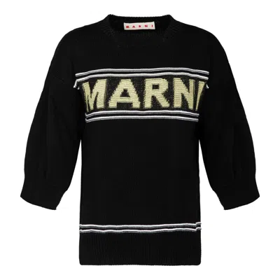 Marni Logo Intarsia Knitted Crewneck Jumper In Black