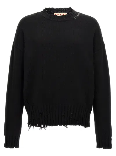 Marni Destroyed Effect Twisted Crewneck Sweater In Black