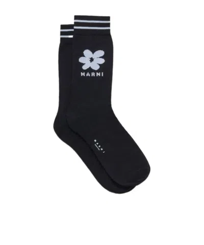 Marni Black Cotton Socks With Light Blue Jacquard Flower Detail