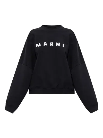 MARNI BLACK COTTON SWEATSHIRT WITH BOLD TEXTURED LOGO