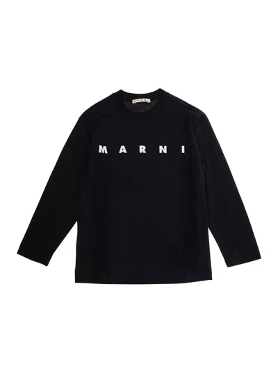 Marni Kids' Black Crew Neck Sweater With Logo Lettering On The Front In Cotton Boy
