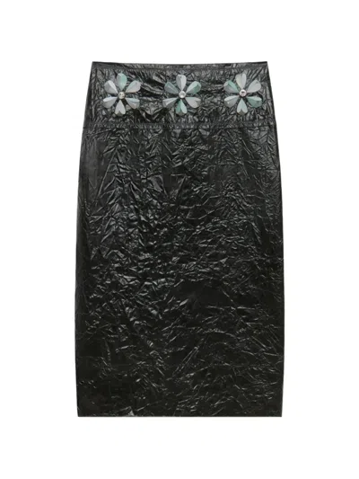 Marni Black Crinkled Midi-skirt With Daisy Details