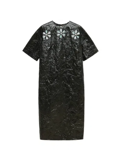 Marni Black Crinkled-taffeta Dress With Daisy Details
