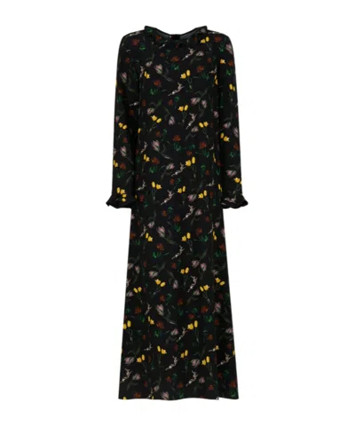MARNI BLACK ENVERS SATIN MAXI DRESS WITH TULIPS AND HARES PRINT