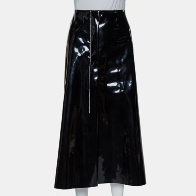 Marni Black Faux Patent Leather Hanging Thread Detail Midi Skirt