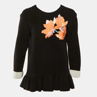 Pre-owned Marni Black Jersey Floral Sequin Detail Ruffled Blouse S