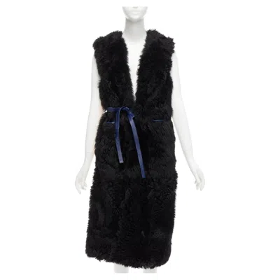 Pre-owned Marni Black Lamb Shearling Fur Blue Leather Belted Belt It38 Xs