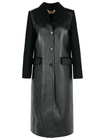 Marni Black Lear And Virgin Wool Coat