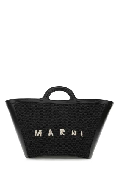 MARNI BLACK LEATHER AND RAFFIA SMALL TROPICALIA SUMMER HANDBAG