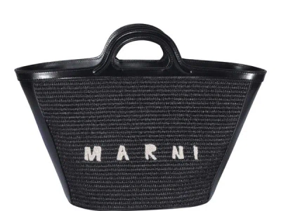 Marni Black Leather And Raffia Small Tropicalia Summer Handbag In Purple