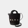 Marni Black Leather And Raffia Tropicalia Bucket Bag In Orange