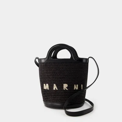 Marni Black Leather And Raffia Tropicalia Bucket Bag In Orange