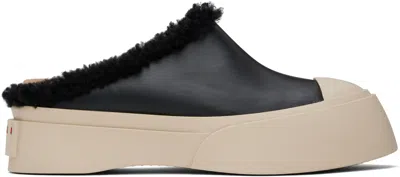 MARNI BLACK LEATHER & SHEARLING SABOT SLIPPERS