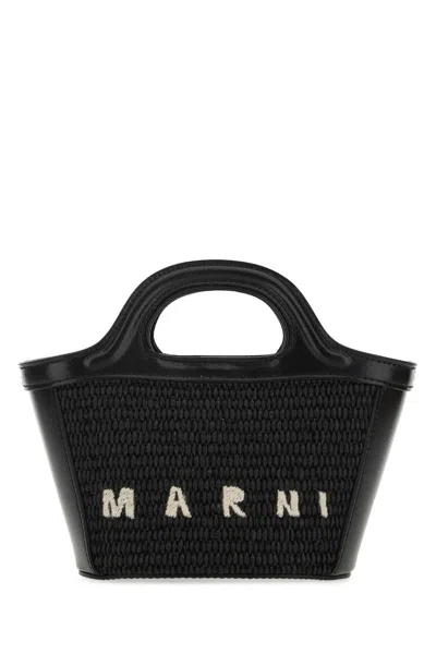 Marni Black Leather And Straw Micro Tropicalia Summer Handbag In 00n99