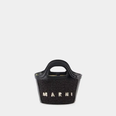 Marni Black Leather And Straw Micro Tropicalia Summer Handbag