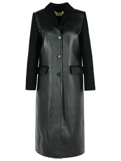 MARNI MARNI BLACK LEATHER AND VIRGIN WOOL COAT
