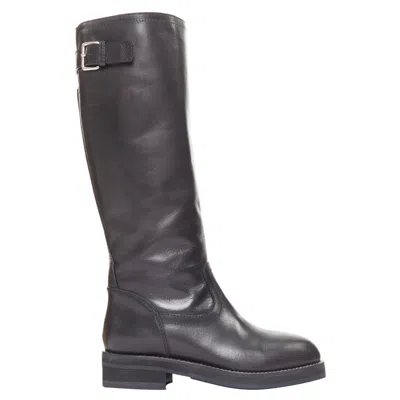 Pre-owned Marni Black Leather Silver Buckle Side Round Toe Knee High Boots Eu37.5