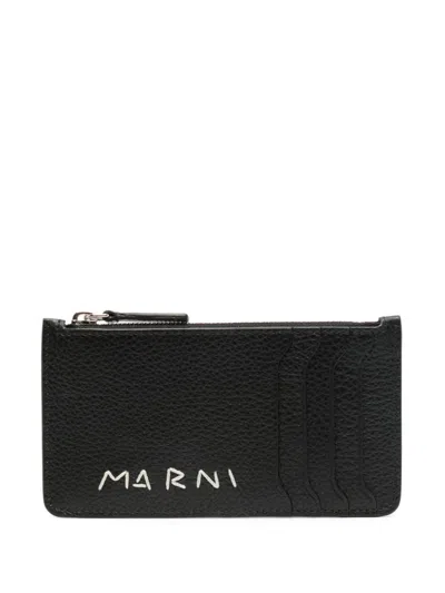 MARNI BLACK LOGO-STITCHED LEATHER CARD HOLDER